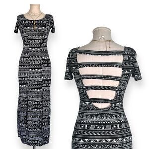 DEREK HEART Aztec Tribal Maxi Dress Geometric Boho Front Slit Black Half Sleeve